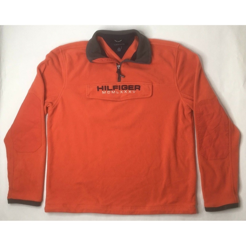Tommy‎ Hilfiger Mens Medium 1/4 Zip Long Sleeve Pocket Orange Fleece Jacket O